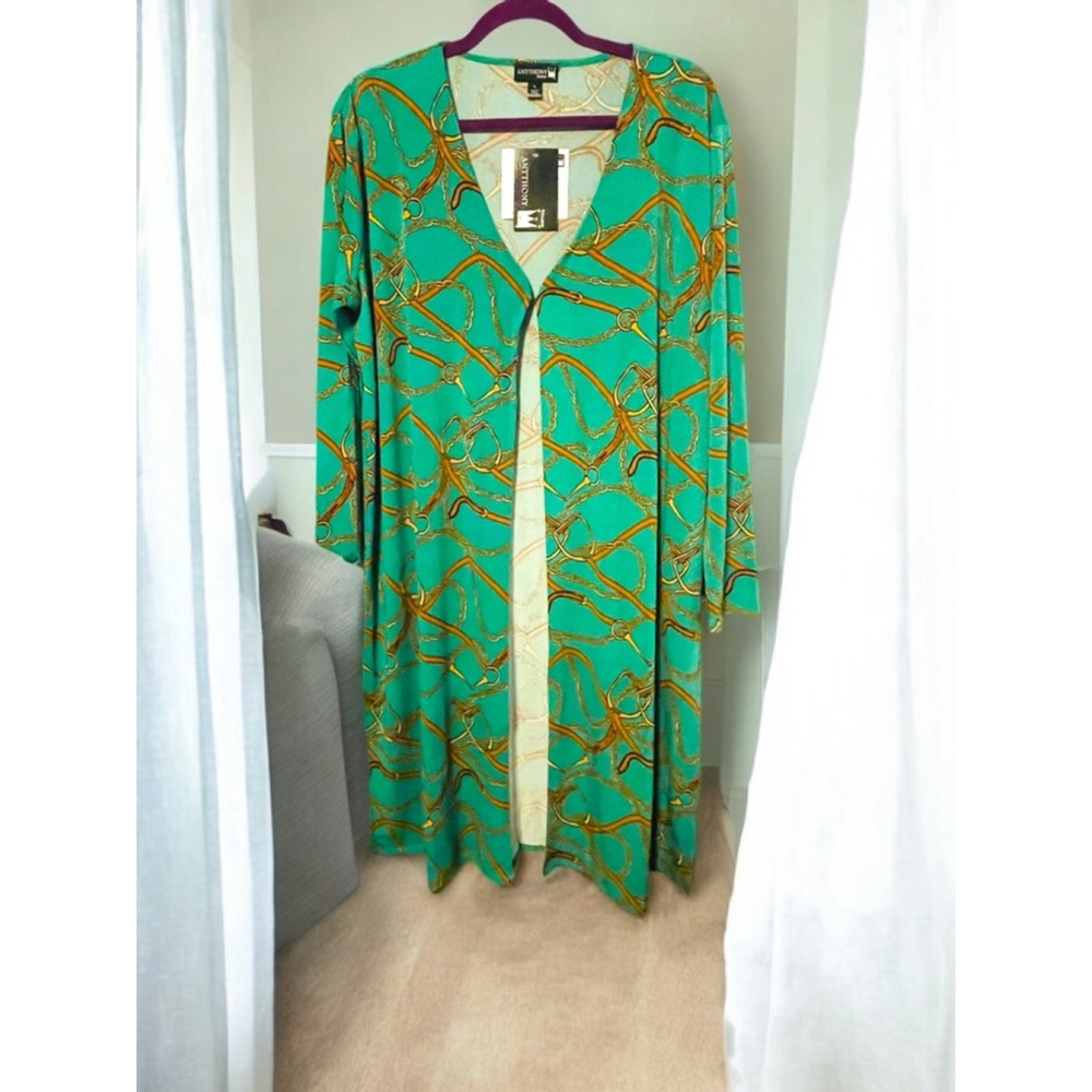 Size L Green & Gold Chain Print Stretchy Open Front Anthony Original Cardigan